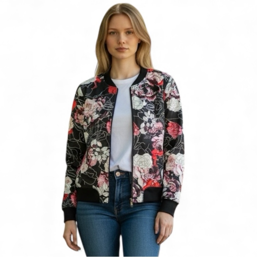 Bebe Sport Y2K Floral Zip Up Bomber Jacket Coat Black Red XL Vintage Streetwear - Picture 1 of 7